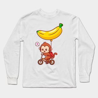 Cute Monkey Riding Bicycle With Banana Balloon Cartoon Long Sleeve T-Shirt